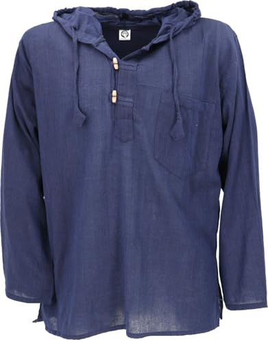 GURU SHOP Nepal Hemd, Goa Hippie Sweatshirt, Yogashirt, Schlupfhemd mit Kapuze - Blau, Herren, Size:L