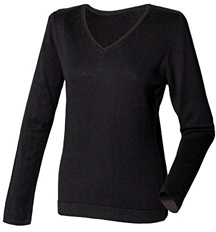 Henbury Womens/Ladies 12 Gauge Fine Knit V-Neck Jumper/Sweatshirt (L) (Black)