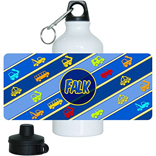 Eurofoto Trinkflasche mit Namen Falk und schönem Motiv mit Fahrzeugen für Jungen, aus Aluminium