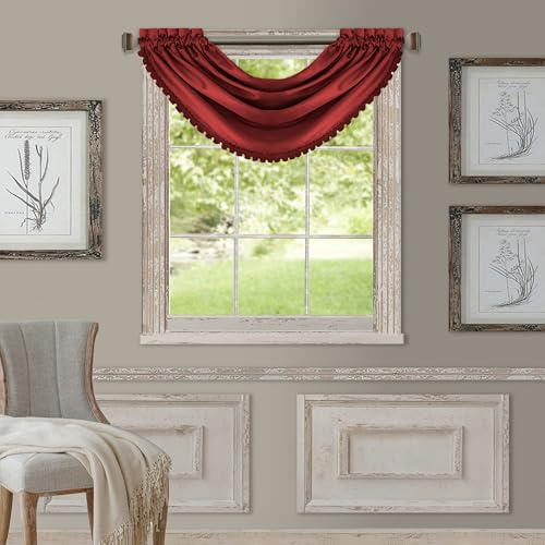 Elrene Home Fashions All Seasons Room-Darkening Waterfall Window Valance, Accessory for Bedroom or Living Room Windows with Rod Pocket Tabs, 52 x 36, Red, 1 Panel