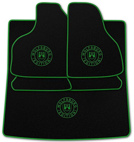 Autoteppich Stylers (Mit Farbauswahl Q100) Passform Auto Fußmatten + Kofferraumteppich mit Druck Wolfsburg Edition (WOB) und Rand in Grün für VW Golf 3 Cabrio Baujahr 1993-1998