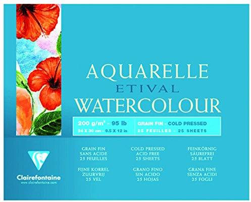 Clairefontaine 96454C Aquarellblock Etival (4-seitig verleimt, 25 Blatt, 200g, für alle Nasstechniken geeignet, feinkörnig, 100% Zellulose, 24 x 30 cm) weiß