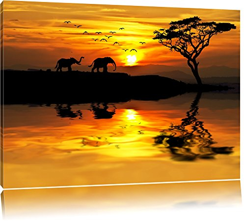 Pixxprint Elefanten in Afrikanischer Steppe, Größe: 60x40cm, Leinwandbild, fertig gespannt, Wandbild, Dekoration, Kunstdruck, kein Poster