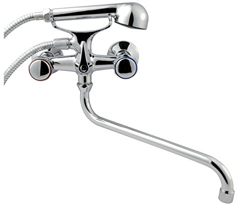 Chrome Round Tap Head Bath Filler + Shower Mixer Wall Mounted, Long 30cm Spout