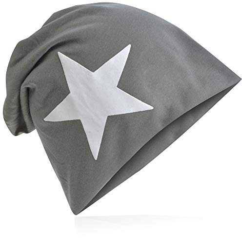 Miobo Jersey Slouch Beanie mit Stern Style, Herren Damen,Einheitsgröße,WeissStern-Grau
