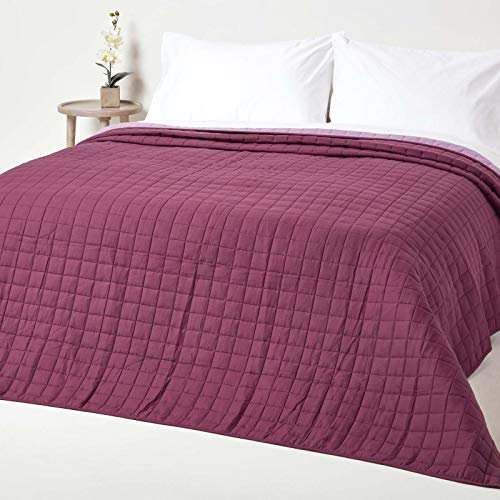HOMESCAPES - 100% Cotton Reversible Twin Colour Quilted Bedspread Throw - Damson Purple & Heather - King Size 230 x 250 cm - Washable Bedding Sofa Throw