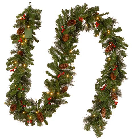 National Tree Company Pre-Lit Artificial Christmas Garland, Green, Crestwood Spruce, White Lights, Decorated with Glitter, Pinecones, Berry Clusters, Battery Operated, Christmas Collection, 9 Feet
