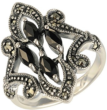 Esse Marcasite Ring aus Sterlingsilber, mit schwarzem Spinell und Markasit, Jugendstil