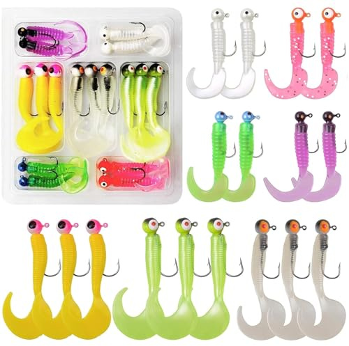 17pcs Fishing Soft Lures Jig Heads Hooks Kit Grub Worm Fish Baits Silicone Crappie Jigs Fishing Tackle for Bass Trout Pikes