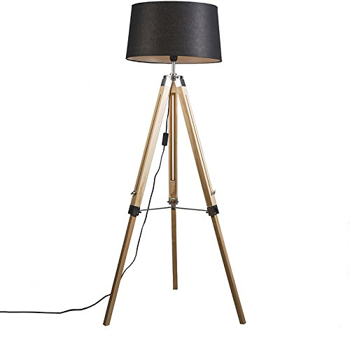 Qazqa - Industrie I Vintage I Stehleuchte I Stehlampe I Standleuchte I Lampe I Leuchte im Landhausstil mit schwarzem Leinenschirm 45 cm - Tripod I Dreifuß Lampe I Dreifuss I Wohnzimmer I Schlafzimmer