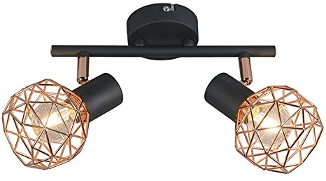 Qazqa - Design Moderner Deckenstrahler schwarz mit zwei kupfernen Lampenschirmen - Mesh 2-flammig I Wohnzimmer I Schlafzimmer - Stahl Rund - LED geeignet E14