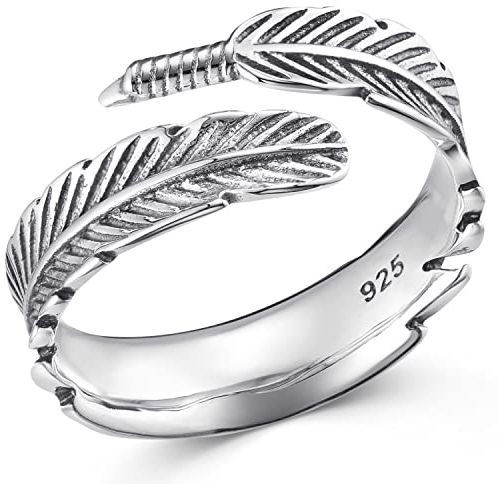 MATERIA Schmuck 925 Silber Ring Federn antik - Silber Damen Ring Feder in Gr. 52-60 / Größe verstellbar #SR-23