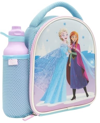 Disney Bolsa oficial de Frozen para suministros de regreso a clases, 600D aislada para niñas, con Elsa y botella de bebidas para niños de 600 ml, poliéster, 600 ml
