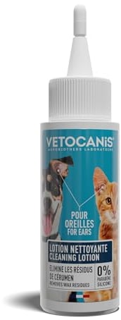 Vetocanis - Nettoyant Oreilles Chien et Chat - Hygiène du Chien et du Chat Toutes Tailles et Tous Âges - Lotion pour Oreilles Chat et Chien avec Formule à base d'Extraits de Plantes, Blanc, 60 ml