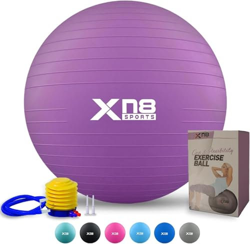Xn8 Exercise Ball, Extra Thick Gym Ball for Pilates, Core Strength, Improved Balance & Stability, Anti Burst Swiss Ball with Quick Pump, Heavy Duty Yoga Ball for Men & Women, Purple 75cm