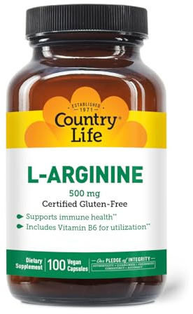 Country Life L-Arginine Caps with Vitamin B-6, 500mg, 100 Vegan Capsules, Certified Gluten Free, Certified Vegan