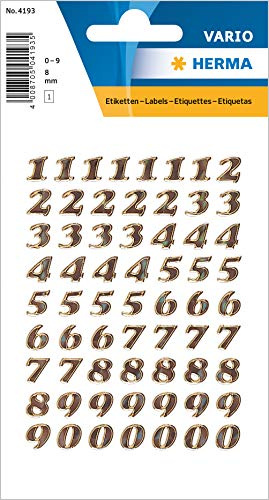 HERMA 4193 Zahlen Aufkleber gold 0-9, 64 Stück, Schriftgröße 8 mm, selbstklebend, klein, Nummer Ziffer Klebezahlen Sticker Hausnummern aus Glitzer-Folie zum Aufkleben