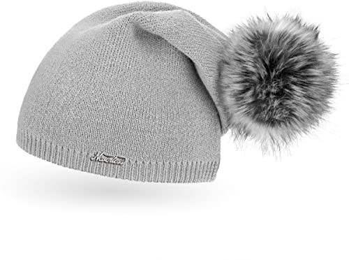 Neverless® außergewöhnliche Damen Strickmütze mit Fell-Bommel, Strick-Beanie Hellgrau Unisize