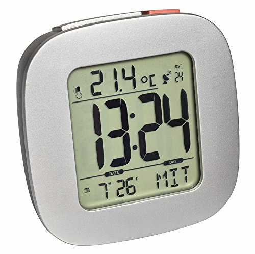 TFA Dostmann Réveil Digitale, 60.2542.54, avec température, Jour de la Semaine et Date, avec Horloge Radio-pilotée et fuseaux horaires, Anthracite