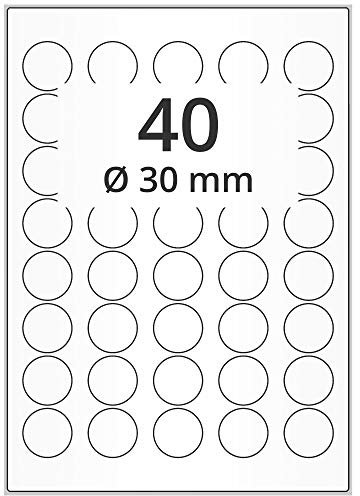 Wetterfeste Folienetiketten auf A4 Bogen, weiß - Ø 30 mm - 4.000 Polyester Etiketten auf 100 Blatt, selbstklebende PET Aufkleber, matt