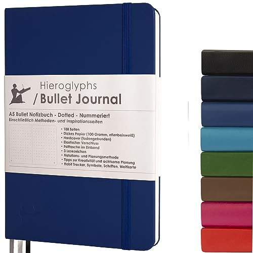 Hieroglyphs Notizbuch A5 mit Punktraster, Klassisches Bullet Journal, Notizbuch mit Vinylumschlag, 3 Lesezeichen, Elastikverschluss, Robuste gebundenes Buch, Dunkelblau
