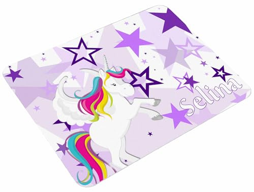 CreaDesign, Frühstücksbrettchen Kinder mit Namen personalisiert, Schneidebrett Kunststoff Motiv Einhorn Sterne Lila, Antirutsch-Noppen, Größe 20 x 25 cm