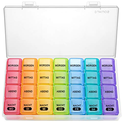 SUKUOS Tablettenbox 7 Tage Klein Pillendose 7 Tage 4 Fächer Deutsch Medikamentenbox Reise Morgens Mittags Abends Nachts - Transparente Box