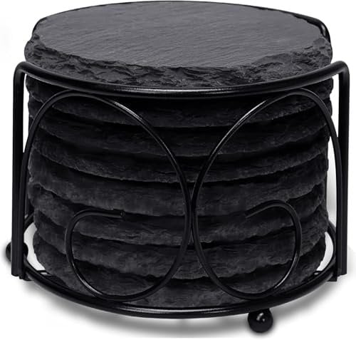 Slate Drink Coasters with Metal Holder, GOH DODD Set of 8 Black Coasters, 4 Inch Stone Coaster Set Coffee Table Decor Tabletop Protection for Home Kitchen Housewarming Gifts Wedding Party, Round