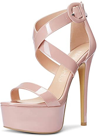 NobleOnly Escarpins Femme Plateforme Bout Ouvert Sandale Bride Cheville 15CM Aiguilles High Heels