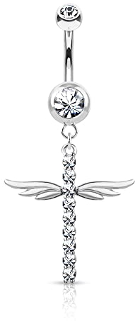 Treuheld® Bauchnabelpiercing mit Flügel-Kreuz und Kristallen | 3 Farben [01.] - silber
