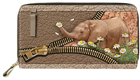 Dolyues Lange Damen-Geldbörse aus PU-Leder mit mehreren Fächern, Kreditkartenfach mit Reißverschluss, Münzgeldbeutel für Damen, Elefanten-Chrysantheme, Klassisch