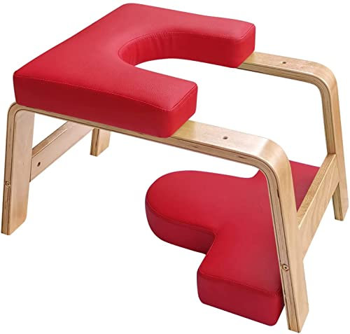 Yoga Kopfstandhocker, Kopfstandbank aus Holz, Yoga Kopfstandstuhl mit PU-Kissen, zum Üben von Kopfstand, Schulterstand und Krafttraining, geeignet für Home Gym Yoga Studio,Rot