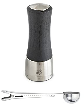 Peugeot - Madras u'Select Manuelle Pfeffermühle, Geschenkset, verstellbar, Edelstahl & Buchenholz, Graphit - mit Gewürzschaufel & Clip aus Edelstahl