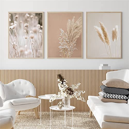 LPFNSF Moderne Blumen Leinwand Malerei 3 Stück Set Plant Wandbilder Boho Beige Natur Pampasgras Bilder, kein Rahmen. (20x30cm*3)