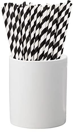 Trimming Shop Lot de 25 pailles en Papier jetables pour Les fêtes Pailles à Cocktail | Pailles jetables | Pailles en Papier à Rayures Noires et Blanches pour fête d'anniversaire et de Mariage