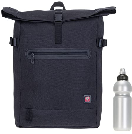 Elephant Rucksack Daypack Herren Damen AllDay A4 Large Laptop Tasche Geheimfach Freizeitrucksack Kurierrucksack Fahrrad Roll-Top Bag 12962 + Flasche (Black (Schwarz-Grau))