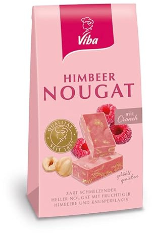 Viba Himbeer-Nougat mit Crunch – 100 g – Limited Edition mit Frucht & Knusperflakes – 10 einzeln verpackte Nougat-Pralinen mit Himbeerpulver