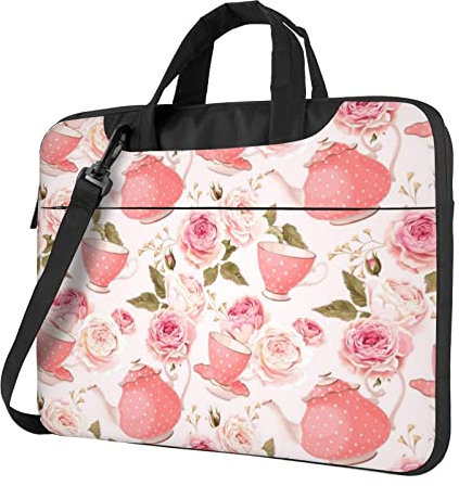 Eastern Blue Bird - Borsa a tracolla per computer portatile da 13 a 15,6 pollici, con tasca, Teiera Rosa, 14 inch