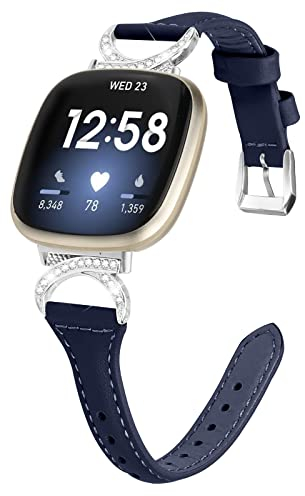 Gimuk Lederband Kompatibel mit Fitbit Versa 4/Sense 2 Armband, Frauen Mädchen Echtes Leder Sport Band Metall Bling Strass Ersatzband Wristband für Fitbit Versa 3/Sense, 5.5 - 8.1, Leder (blau)