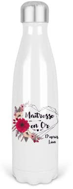 Bouteille isotherme personnalisable fleur coeur | Gourde isotherme | Cadeau Maîtresse, maître, atsem, nounou | Cadeau fin d'année
