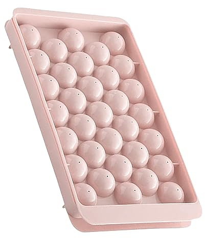 AEX Mini Round Ice Cube Tray Balls with Lid & Storage Ice Ball Maker Ice Sphere Mould for Freezer Ice Cube Sphere Mould Tray for Circle Ice Chilling Cocktail Whiskey Coffee (Pink)