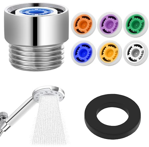 7pcs Shower Head Water Restrictor Shower Flow Pressure Reducer Limiter Set Water Flow Saver Adapter Shower Head Flow Limiter for Fixed and Handheld Shower 1.2/1.5/1.8/2/2.2/2.5GPM