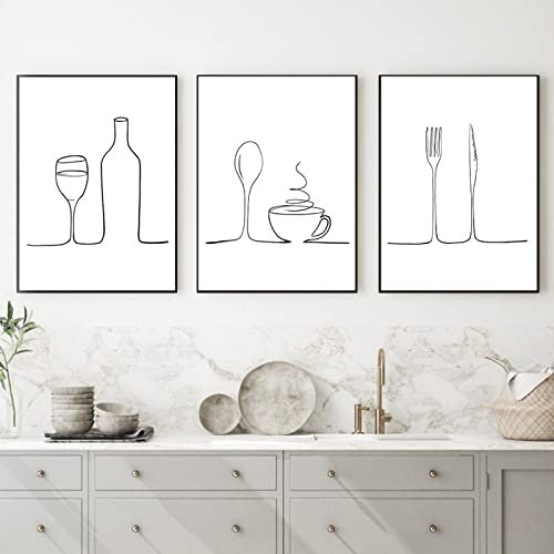 Nordic Minimalist Line Art Print Esszimmer Wein Tee Bilder Küche Schwarz Weiß Leinwand Gemälde Café Shop Poster Home Decor/Kein Rahmen-40x60cmx3P