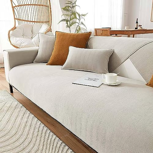 MUGUOY Funny Fuzzy Couch Cover, Herringbone Chenille Fabric Furniture Protector Sofa Cover, Universal Handwoven Non-Slip Sofa Covers (90 * 210cm, Beige)