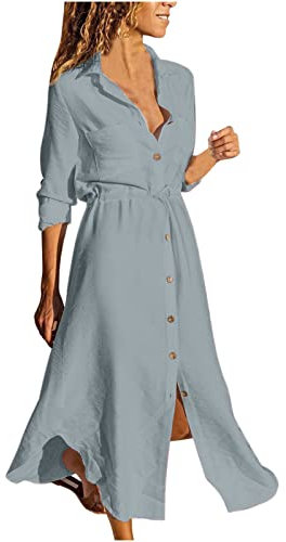 Women Shirts Dress Cotton Linen Dresses Button Down Long Sleeve Sundress Ladies Casual Summer Boho Maxi Dress Sexy Elegant Dresses Smocked Beach Office Dress Vintage Evening Party Dress Plus Size 22
