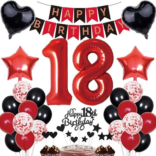 18. Geburtstag Dekorationen für Junge und Mädchen - Geschenk, Tortendeko, Happy Birthday Banner, Rot-Schwarz Deko Set, Zahl 18 Party Ballons