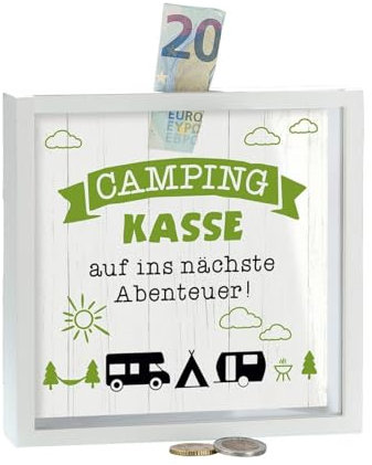 Spardose Sparschwein Camping Kasse Wohnwagenmotiv Weiß Grün Holzspardose mit Glasscheibe Reisen Sparen Geldgeschenk Geschenkidee Geldspardose 17 x 4,5 x 17 cm