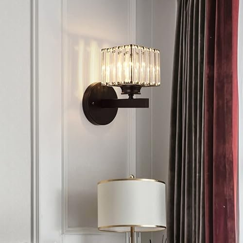ELINKUME LED Kristall Wandleuchte Innen,E27 Moderne Schlafzimmer Wandlampe Metall Quadratischer Lampshade,Schwarz Dekorative Wandleuchten für Wohnzimmer Flur Esszimmer