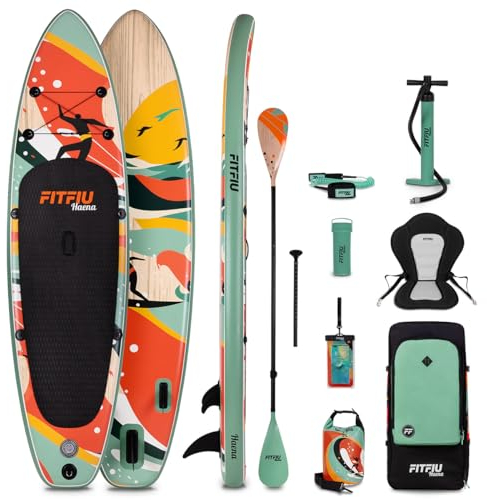 FITFIU Fitness HAENA - Tabla Paddle Surf Hinchable 320x81x15 cm, Sup Inflable con Doble Remo Ajustable, Bomba, 3 Aletas y Mochila, Estable y Resistente para Todos los Niveles