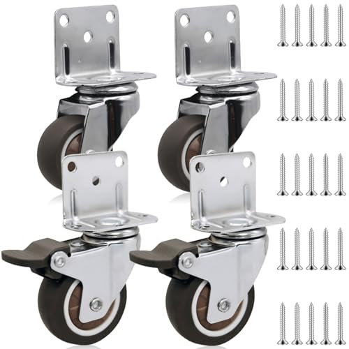 4 Stück Möbelrollen, 50MM L-Förmige Gummi-Lenkrollen mit Bremse, 360° Schwerlast Lenkrollen 100 KG Tragkraft, Möbel Seitliche Befestigung für Bett Industrietransport(1 Packung Schrauben)